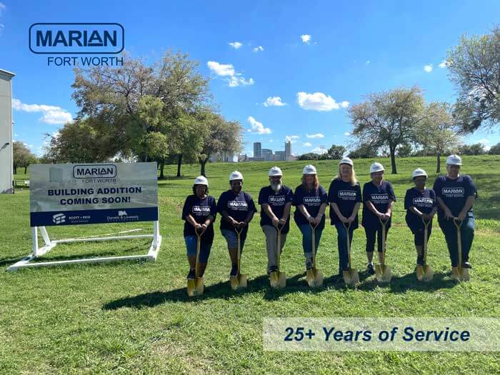 Marian Fort Worth Employees with over 25 years of service did the honor of the official groundbreaking. From left to right, Brenda James, Jamica Franklin, Roy Puente, Vicki Lambeth, Cynthia Brown, Florence Hernandez, Alicia Ayers, Jason Lambeth.